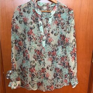 Kut from the Kloth Floral Sheer Blouse - Coral and Turquoise